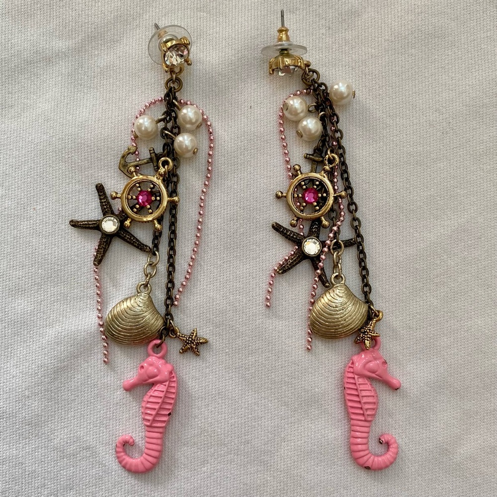 BETSEY JOHNSON - RARE! 100% Authentic Pink Seahorse w/Charms Dangle Earrings